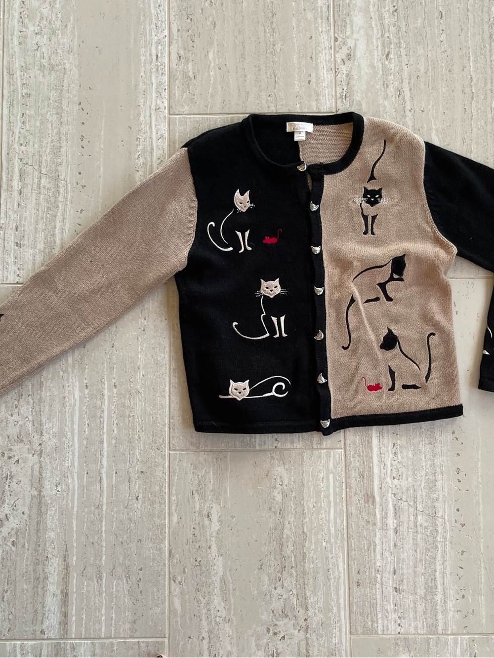 Christopher & Banks Women's Cat Cardigan Sweater Medium Black Tan Embroidered